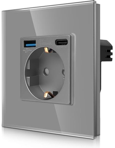 CNBINGO Einzelsteckdose mit 2× USB-Anschluss (20W Schnellladen) - 1× (Typ-C und USB-A) - Einfach Glas Schuko Steckdose Unterputz - Grau Wandsteckdose mit Kindersicherung