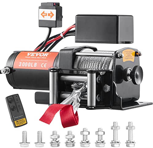 VEVOR Elektrische Seilwinde 12V 3000lbs/1361kg Offroad Motorwinde Seilzug Elektrowinde Stahlseil mit kabelloser Fernbedienung Schwarz Ideal für mittelgroße große SUVs LKWs und sogar Yachten
