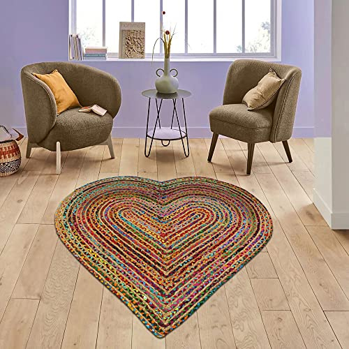 CASAVANI 100 % handgefertigter Flickenteppich aus natürlicher Jute und Baumwolle, geometrisch, mehrfarbig, harte Form, Kreisteppich, beste Verwendung für Zuhause/Büro, Schlafzimmer, Wohnzimmer, Flur,