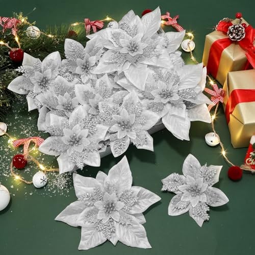 Alupssuc 24 Pièces Décorations de Noël Artificielles Poinsettia Paillettes de Noël Mariage Arbre de Noël Nouvel an Ornements avec Clip et Bâton,Argent