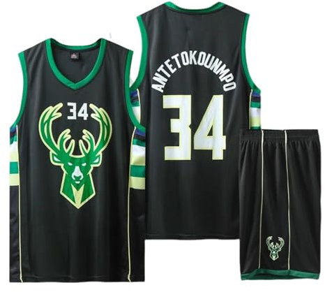 CLZWFZ 34#Basketball Trikot Kit Kinder Fans Trikot Jungen Sportbekleidung Ärmellose Basketballweste Tops und Shorts Sport Set Sommer Trainingsanzug Geschenke für Jungen Grils,Schwarz,M
