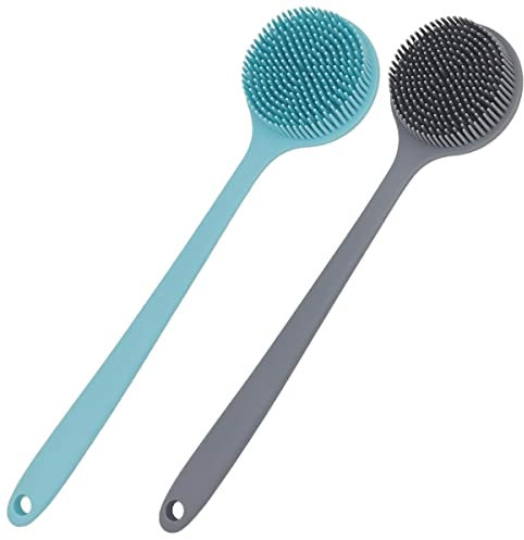 EFEMIR 2ps Silicone Back Scrubber for Shower Bath Body Brush with Long Handle, BPA-Free, Hypoallergenic, Eco-Friendly (Gray&Blue)