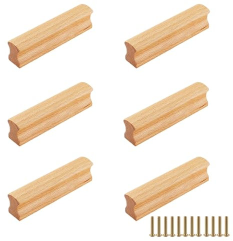 GOIEHIR Möbelgriffe Holz, 6 Stück Schrankgriffe Mit Schrauben, Lochabstand 64 mm, Massiv Griffe für Küchenschränke, Möbel, Schubladen, Holzfarbe