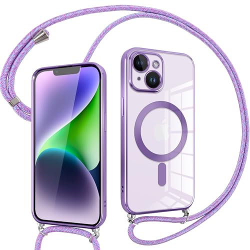 Pnakqil Coque pour iPhone 14 Plus avec Cordon, Compatible avec MagSafe, Transparent Silicone Ultra Mince Housse avec Collier Cordage, Magnétique Case pour iPhone 14Plus, Pourpre