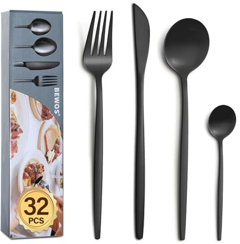 BEWOS 32 Piece Black Cutlery Set for 8, Cutlery Includes Forks, Steak Knives and Spoons, Dishwasher Safe Tableware for Home Restaurants, Knife and Fork Sets Food-Grade Stainless Steel