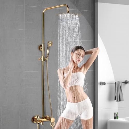 KEESUNG Juego de de ducha dorado, grifo de ducha de acero inoxidable, alcachofa de mano, ducha de lluvia, pared, altura ajustable, grifo de baño, ducha de lluvia, cabezal de ducha de mano, 20