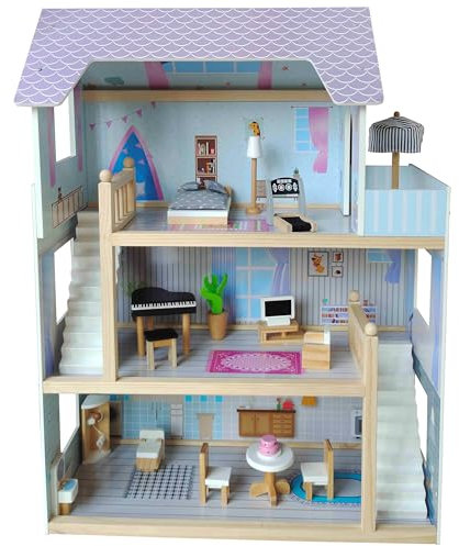 4iQ Group Puppenhaus aus Holz 78x26,5x61,5cm - Puppenhaus ab 3 Jahre Mädchen - Puppenhaus Groß mit 3 Etagen - Dollhouse mit Möbeln und Zubehör