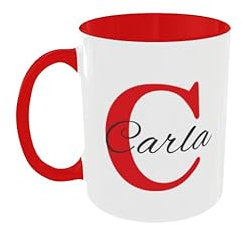 C&P Taza Personalizada blanco brillo con asa e interior color, con Inicial y Nombre de cerámica 350 ML (ROJO)