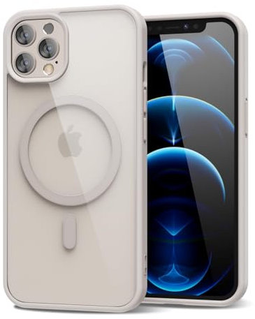 oakxco für iPhone 12 Pro Max Hülle Magsafe Durchsichtig, Klar Magnetisch Induktives Laden Handyhülle Bunt Dünn Silikon & Transparent Hart Plastik, Cute Clear Case Handy Hülle für Mädchen, Beige Titan