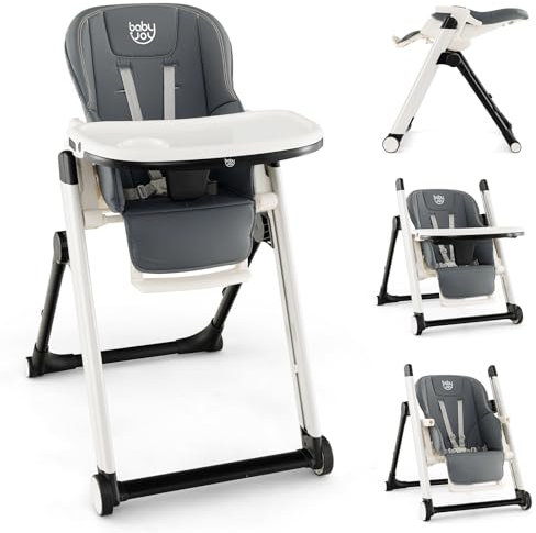 GOPLUS Kinder Hochstuhl faltbar, höhenverstellbarer Kinderhochstuhl mit verstellbarer Rücklehne & Fußstütze, Babystuhl mit Doppeltablett &wasserdichtem Sitzkissen, Hochstuhl mit Rolle für 6-36 Monaten