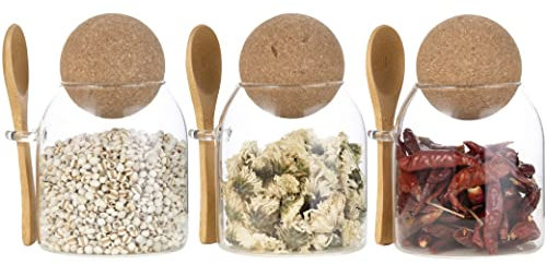 Eden & Willow Clear Glass Kitchen Jar with Cork Ball Lid and Bamboo Spoon | BPA-Free Mason Canister for Coffee, Beans, Spices, Dry Foods (Set of 3, 0.5L)