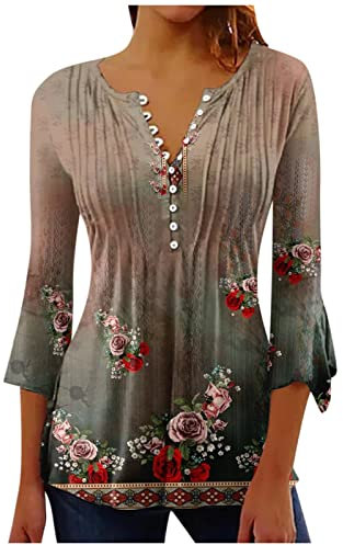 SCBFDI Damen Tshirt V Ausschnitt Dirndlbluse 3 4 Arm T-Shirts für Damen Tshirt Damen Damen Oberteil Sportlich Elegante Damen Blusen Shirt Uboot Ausschnitt Damen Damen Longshirt Braun S