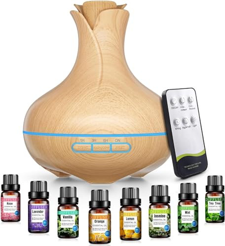 Aroma Diffuser, 600 ML Mit 8 Ätherischen Ölen, Luftbefeuchter Schlafzimmer, Diffuser mit Fernbedienung, 4 Timer, Automatische Wasserlose Abschaltung für Große Räume
