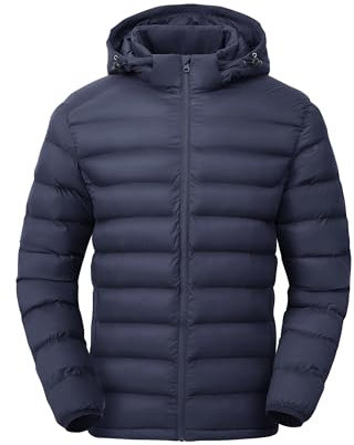 Gopune Leichte Daunenjacke für Herren, abnehmbare Kapuze, wasserabweisend, Puffy, Winter-Daunenjacken für Schnee, Skifahren, Reisen, Marineblau, Small
