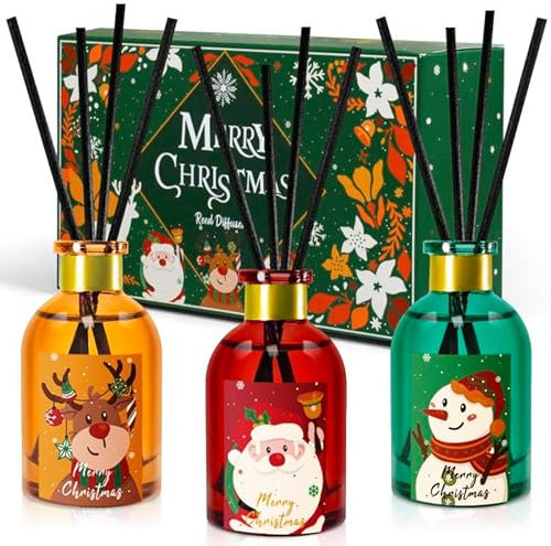 Scent Hi Weihnachten Raumduft, 3 * 50 ml Raumduft Diffuser Mit 18 Duftstäbchen, Zedernholz, Zitrone, Apfel Zimt, Raumduft fur Raum, Zuhausem, Büro - Weihnachts Geschenkset