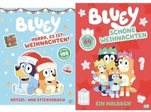 BLUEY-Weihnachtsset: BLUEY - Hurra, es ist Weihnachten! - Rätsel- und Stickerbuch + BLUEY - Schöne Weihnachten - Ein Malbuch
