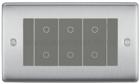 BG NBSTDM3G Brushed Steel 3 Gang Triple Master Touch Dimmer Switch Grey Inserts