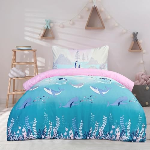 Casabella 4 Pc Luxury Double Duvet Set - Printed Brushed Microfiber Reversible Double Duvet - Duvet Cover, Fitted Sheet & 2 Pillowcase - Soft & Durable Duvet Cover - Arctic Animal Lilac Bedding Set