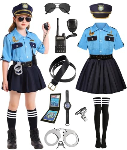 Velmawig Polizei Kostüm Mädchen Kinder Polizistin Kostüm Zubehör Set mit Polizei Mütze Kinder Faschings Karneval Cosplay Outfits Dress up