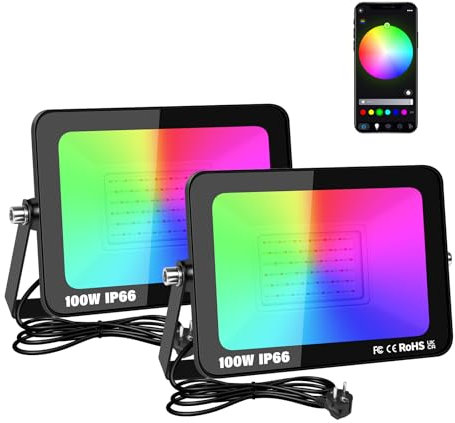 RIGIDON 2x 100W RGB LED Strahler APP-Steuerung, 10000LM RGBW Farbwechsel Flutlicht, Smart Dimmbar Timer Bunt Fluter Lampe Für Party Garten Baum Landschaft, Disco Feiern, Außen/Innen Wasserdicht IP66