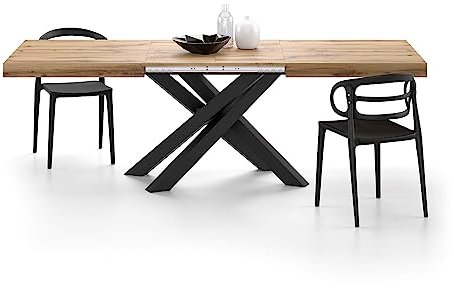 Emma Ausziehtisch, 160 x 90 cm, rustikale Eiche, schwarze Beine, hergestellt in Italien