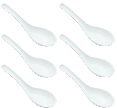 Cjueiom 6Pcs Rice Spoons, Chinese Soup Spoons for Ramen, Wonton & Noodle Dishes, Asian Plain Style, White