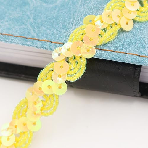 CNFQ Glänzendes Paillettenband Glitzer Applikation 15MM Bekleidungszubehör S-förmig Paillette Trim Gewelltes Elastische Pailletten für Bühnenkostüme (Gelb, 10M)