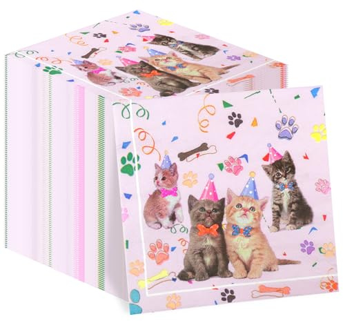 100Pcs Katze Geburtstag Servietten, Katze Tisch Dekorationen Servietten für Kinder Katze Geburtstag Party Supplies