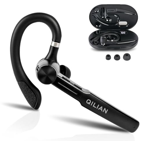 QILIAN Single Ear Bluetooth Headset with 110Hrs Talk Time, Wireless Earpiece with Dual Noise Canceling Mic & 500mAh Charging Case, Bluetooth 5.3 Hands Free Headphones for Business/Office/Driver Work