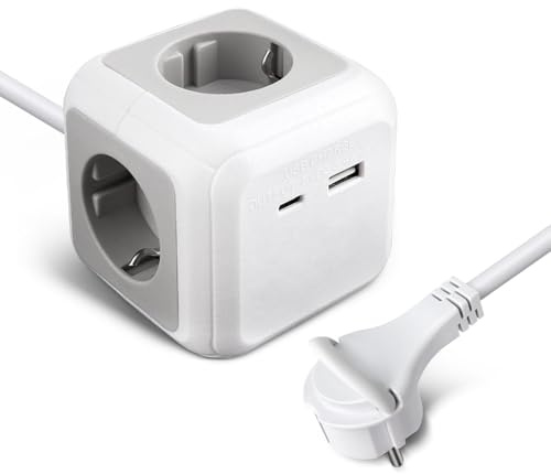 EXTRASTAR Cubo Regleta Enchufes 1.5M con Enchufe Plano Regleta para Uso Interior, Regleta Enchufes Plano con 4 Tomas de CA, 1 USB y 1 Tipo C para Familia, Cocina y Oficina Gris+Blanco