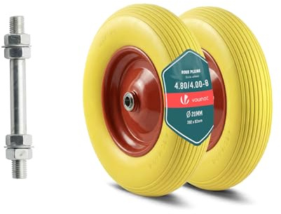 VOUNOT® Set of 2 Puncture-Proof 4.80/4.00-8 PU Wheelbarrow Wheel 392x92mm, 20mm Bore, with Needle Bearings for Hand Trucks, Carts, and Garden Trailers, Yellow