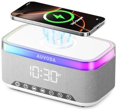 Auvoda S300 Bluetooth Speaker, Wireless portable Speaker with 15W Wireless Charging, 13-Color Night Light, Alarm, White Noise, Radio, 16W Stereo, TWS, BT5.3, for PC, Computer, Home, Office, Bedroom