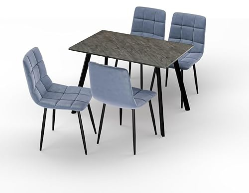 URBNLIVING 110cm Dining Table & 4 Velvet Chairs Set – Modern Metal Frame Kitchen Furniture, Contemporary Dining Room Set - Slate Grey Table Madison Blue Chair
