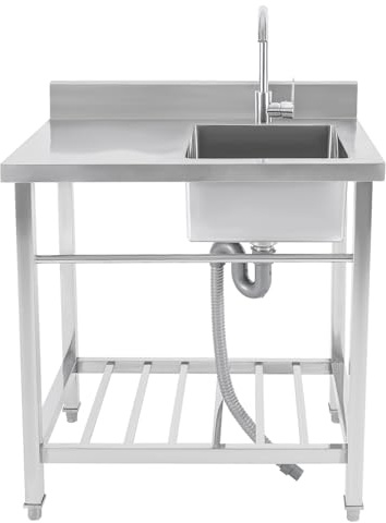 Fregadero independiente de acero inoxidable con mesa de trabajo y grifo, 80 x 55 x 84 cm, fregadero de cocina para gastro, grifo extensible de 360°, toallero, patas ajustables en altura para cocina