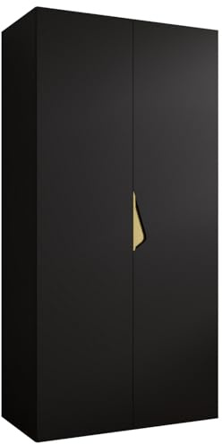 MEBLE KRYSPOL - Kleiderschrank - Garderobenschrank - 100 cm x 202 x 52 cm - Schrank mit Kleiderstange, 2 Türen - für Schlafzimmer, Flur - SANDI, Schwarz, Griff Gold