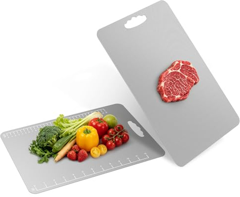 Alyvisun Tagliere in Acciaio Inox (34×23cm + 25×15cm) | Rivestimento in Titanio, Doppia Faccia con Superficie Testurizzata Effetto Riso e Liscia, Facile da Pulire