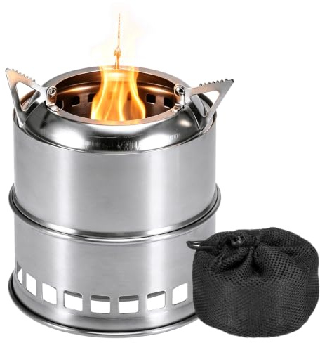 RANJIMA Fornello a legna da campeggio, 2 in 1, portatile, mini carburatore a legna con borsa per il trasporto, pieghevole e antivento, in acciaio inox, per campeggio, cucina, picnic