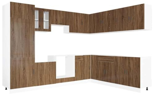 Owoxanthellate 14-TLG. Küchenschrank-SetPorto, Einbauküche in Braun Eichen-Optik aus Holzwerkstoff und Glas, Küchenzeile Komplett mit Hängeschränken und Unterschränken für Stauraum in der Küche