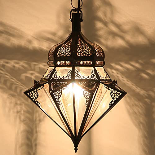 Casa Moro Orientalische Lampe JAWHARA Transparent aus Klar-Glas & Eisen handgefertigt | Kunsthandwerk aus Marrakesch | marokkanische Ramadan Pendelleuchte wie aus 1001 Nacht | L1277