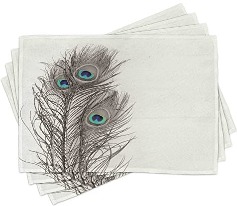 ABAKUHAUS Pfau Platzmatten, Federn von Exotischer Vogel, Waschbare Stoff Esszimmer Küche Tischdekorations Digitaldruck, Taupe Weiß