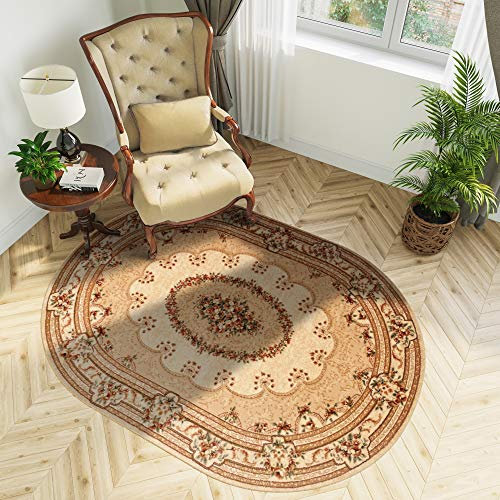 TAPISO Yesemek Teppich Oval Kurzflor Klassisch Gemustert Oriental Floral Ornament Creme Bordüre Schlafzimmer Wohnzimmer ÖKOTEX 200 x 300 cm