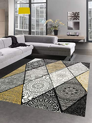 CARPETIA Teppich Wohnzimmer Rauten und Ornamente grau senfgelb Creme Größe 160x230 cm