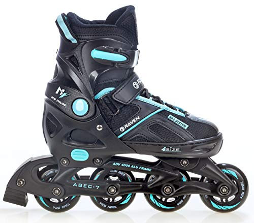 Raven Pulse Inline Skates Inliner für Kinder und Erwachsene OPTIONAL 2in1 mit Schlittschuhen verstellbar (Black/Cyan ohne Kufen, 33-36 (20-22,5cm))