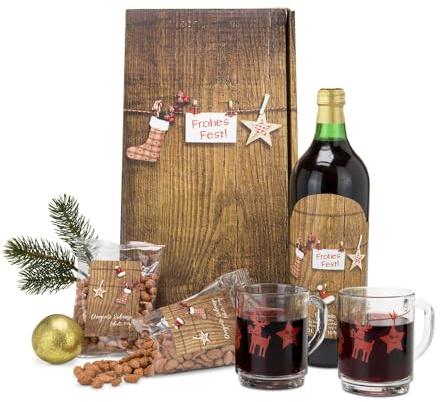 Römer Präsente Geschenkset Weihnachtsmarkt: 5-teilig; 1 Glühwein (0,75 l), 2 Heißgetränketassen, 175 g gebrannte Erdnüsse in rustikaler Geschenkverpackung