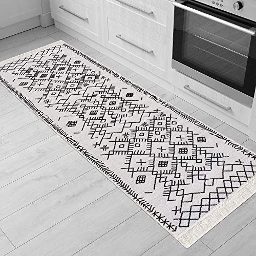 Fashion4Home Teppich Läufer - Tepiche für Wohnzimmer, Schlafzimmer, Küche, Kinderzimmer, Badezimmer - Boho Kelim - Läufer Flur, Schwarz-Weiß, Größe: 60x180 cm