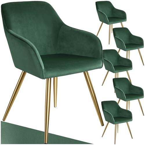 tectake 6er Set moderner Esszimmer Stuhl, Sitzfläche aus Samt, Armlehnstuhl, Sessel Wohnzimmer, gepolsterter Office Chair mit goldeden Metallbeinen, Schminktisch Stuhl - dunkelgrün/Gold