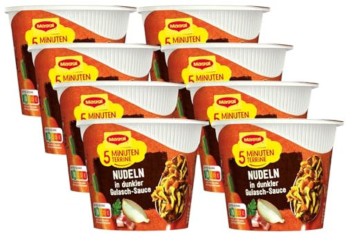 Maggi 5 Minuten Terrine Nudeln in dunkler Gulasch-Sauce, leckeres Fertiggericht, Instant-Nudeln mit herzhaften Rindfleisch-Würfeln, 8er Pack (8 x 60g)