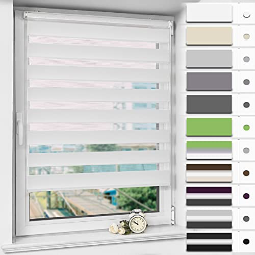 Magiea Store Enrouleur Jour et Nuit avec ou sans Perçage, Rideau Cuisine, Blanc 60 x 180 cm, 2 Types d'Installation, Facile à Installer avec Clips pour Fenêtre ou Porte