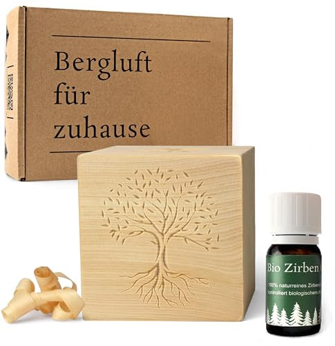 Zirben-Würfel Duft-Set | Zirbenholz-Würfel mit Motiv und Tropfstruktur + Zirben-Öl (10 ml) | Duftspender aus Holz (Baum)