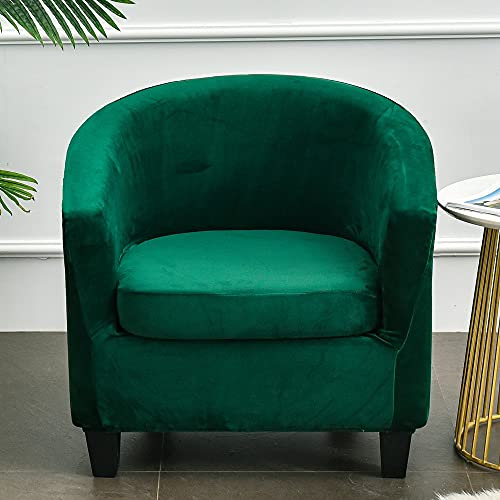 Highdi Samt Sesselschoner 2 Teilige Luxus Plüsch Sesselbezug Sesselüberwurf, Stretch Tub Chair Husse mit Armlehne, Sesselhussen für Clubsessel Loungesessel Cocktailsessel (Dunkelgrün)